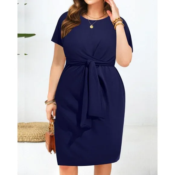 Plus Size Knit Pencil Dress with Tie Waist for Wedding Guest Work Plus Size Knit Pencil Dress with Tie Waist for Wedding Guest Work